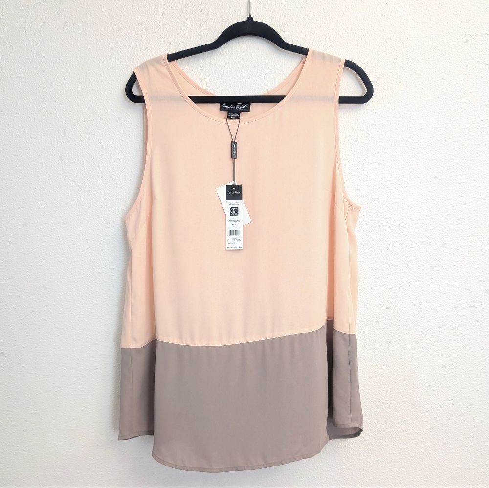 Charlie Paige Colorblock Peach Taupe Sleeveless Tank Blouse Top Size L-XL NWT